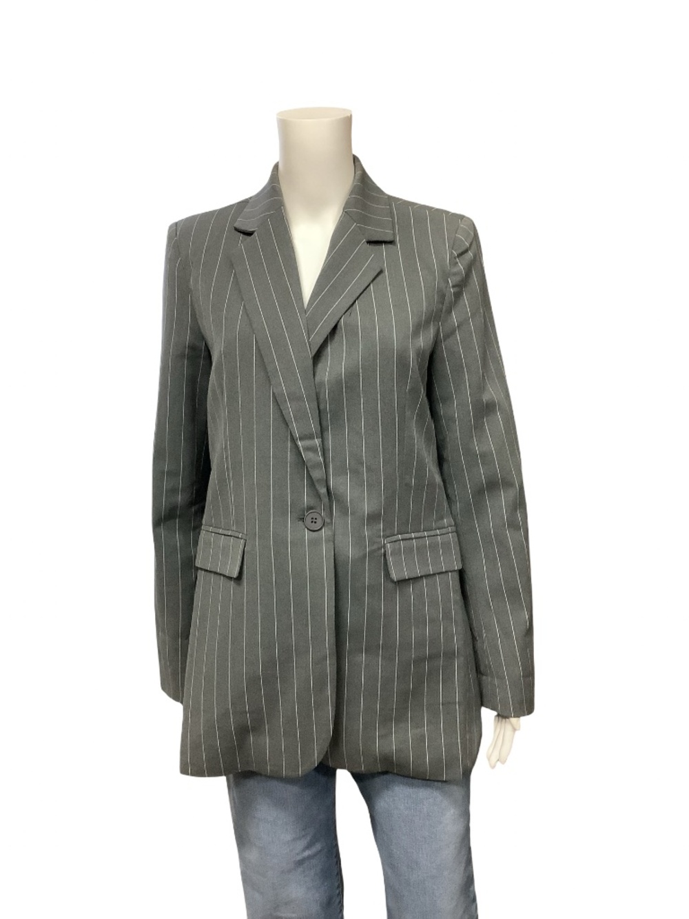 Dèluc. Pinstriped Print Lapel Collared Blazer Size: XS